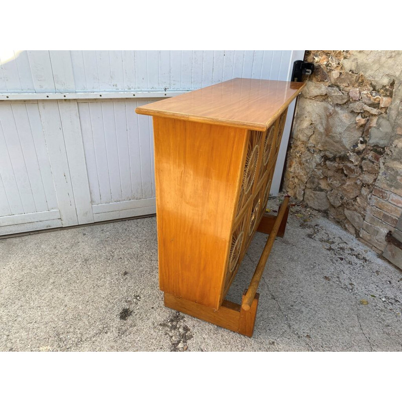 Vintage wooden bar counter and wicker wicker decorations 1960