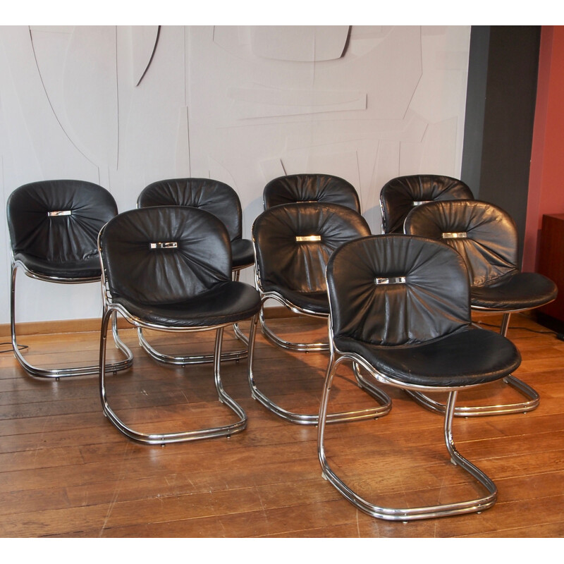 Set of 8 Vintage Chairs " Sabrina " black leather, Gastone Rinaldi