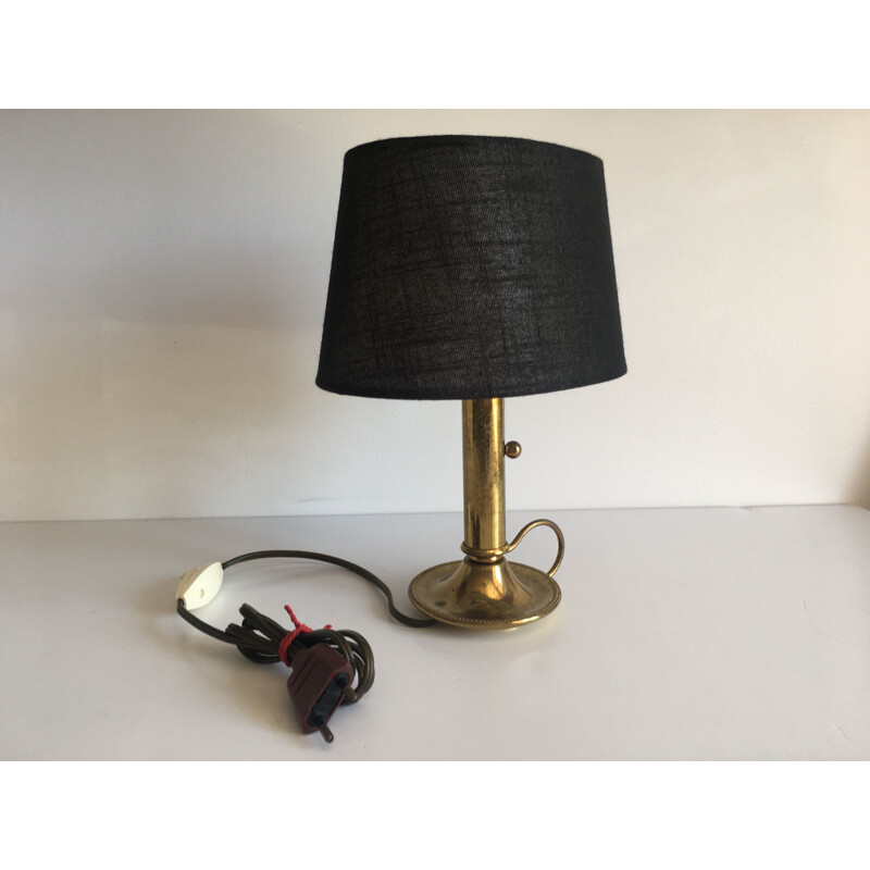 Small Vintage Lamp Chic Brass and Black Fabric