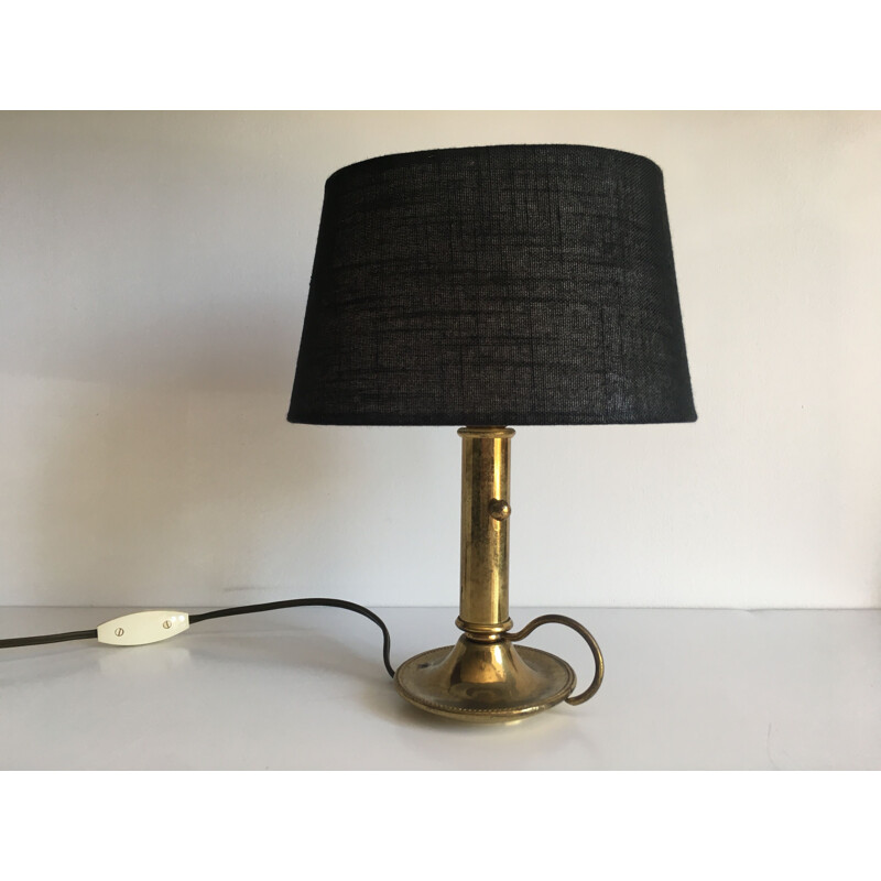 Small Vintage Lamp Chic Brass and Black Fabric
