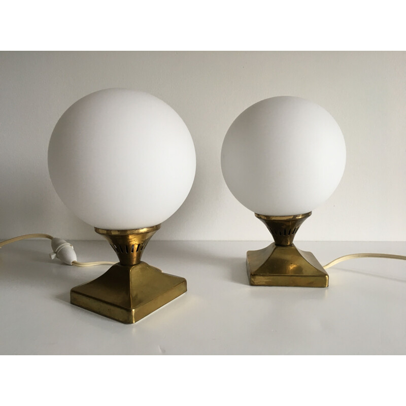 Pair of vintage brass and opaline balls 1950 lamps