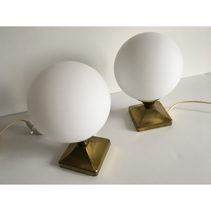 Pair of vintage brass and opaline balls 1950 lamps