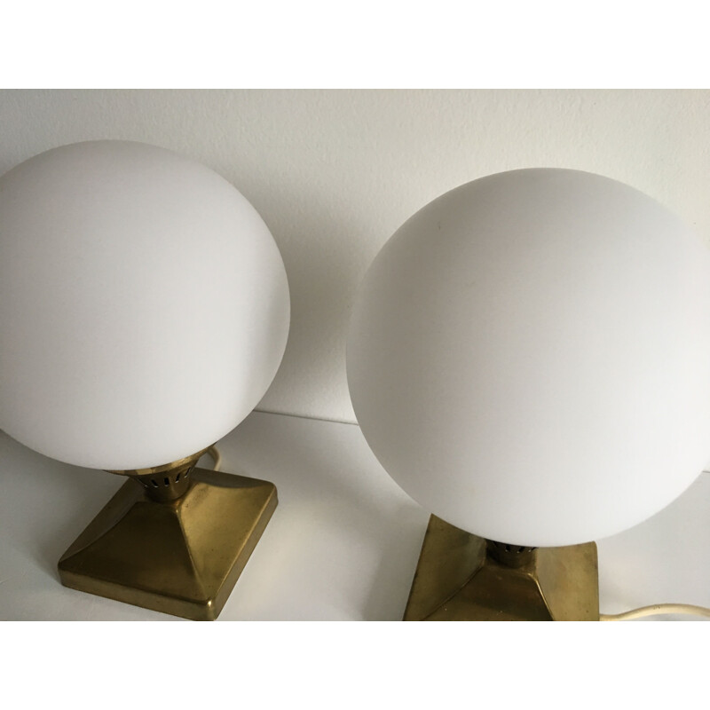 Pair of vintage brass and opaline balls 1950 lamps