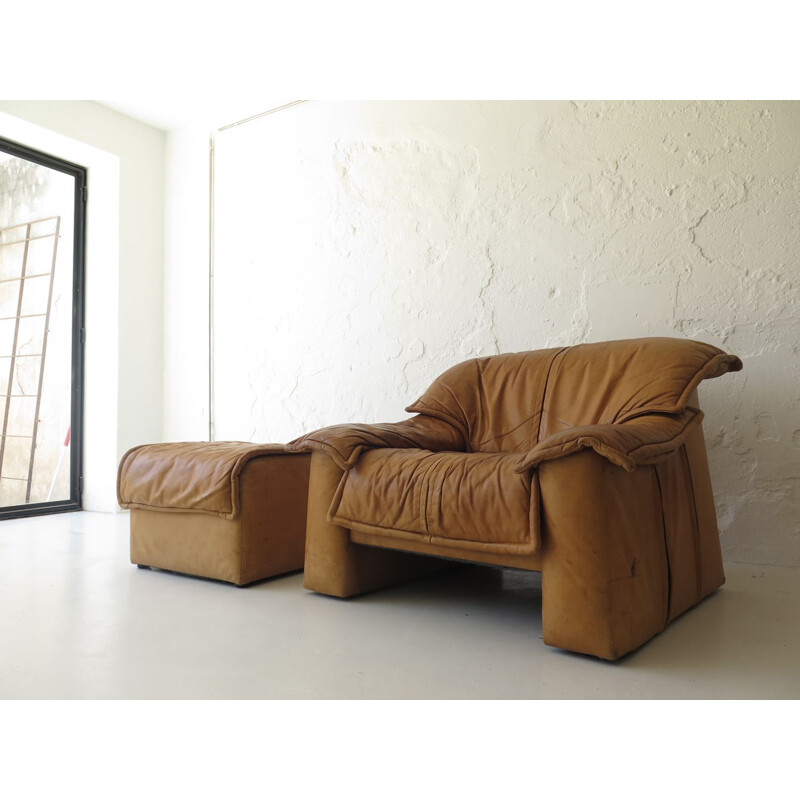 Vintage leather armchair with ottoman, 1970