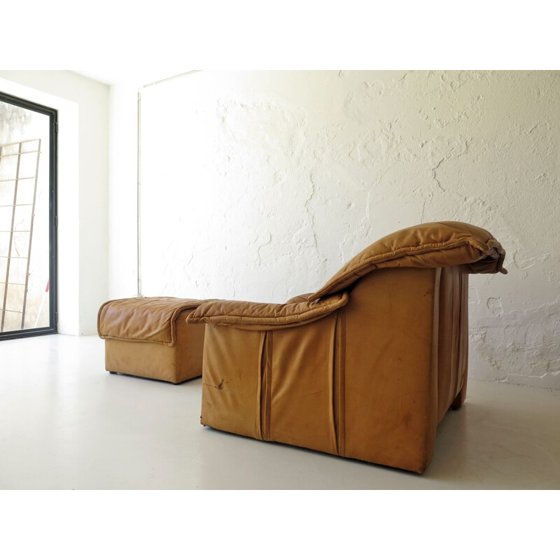 Vintage leather armchair with ottoman, 1970