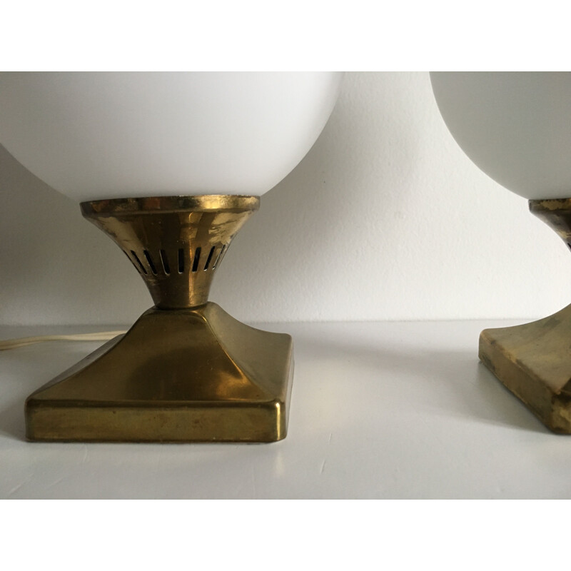 Pair of vintage brass and opaline balls 1950 lamps