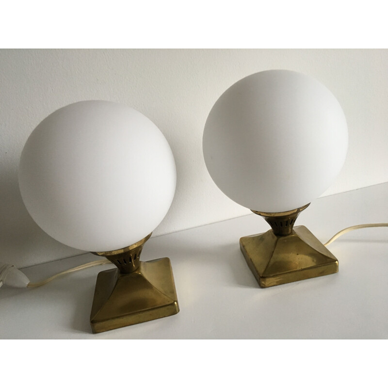 Pair of vintage brass and opaline balls 1950 lamps