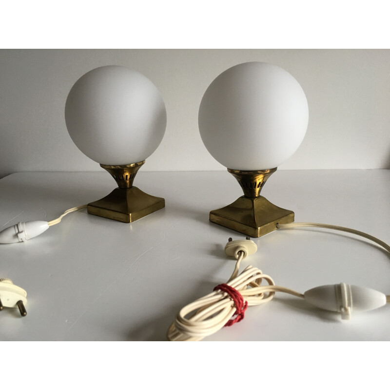 Pair of vintage brass and opaline balls 1950 lamps