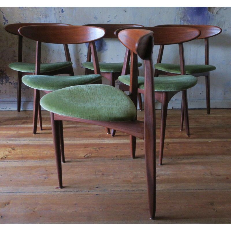 Set of 6 vintage teak tripod dining chairs, danish 1960s