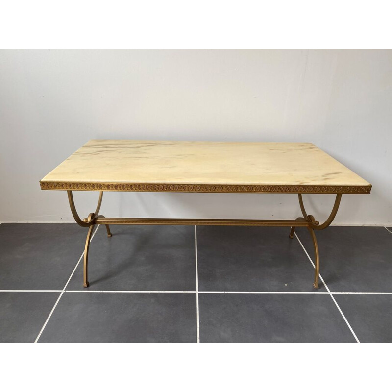 Table basse vintage marbre ivoire et métal doré mate 1960