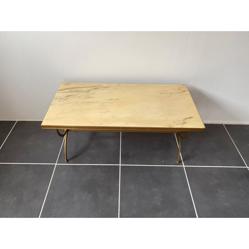 Vintage coffee table in ivory marble and matt gold metal 1960