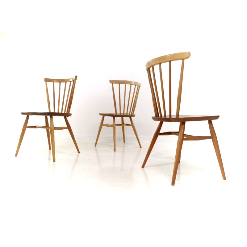Lot de 3 chaises de cuisine Vintage Ercol modèle 449 à dossier en arc