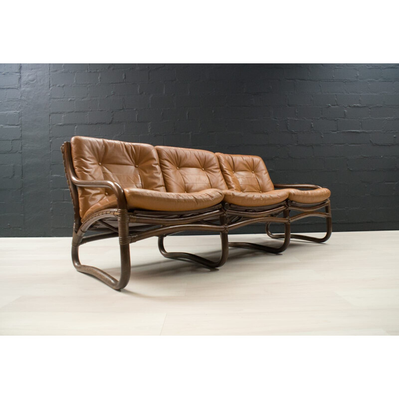 3 seater vintage bamboo, rattan and leather sofa, Italy 1960