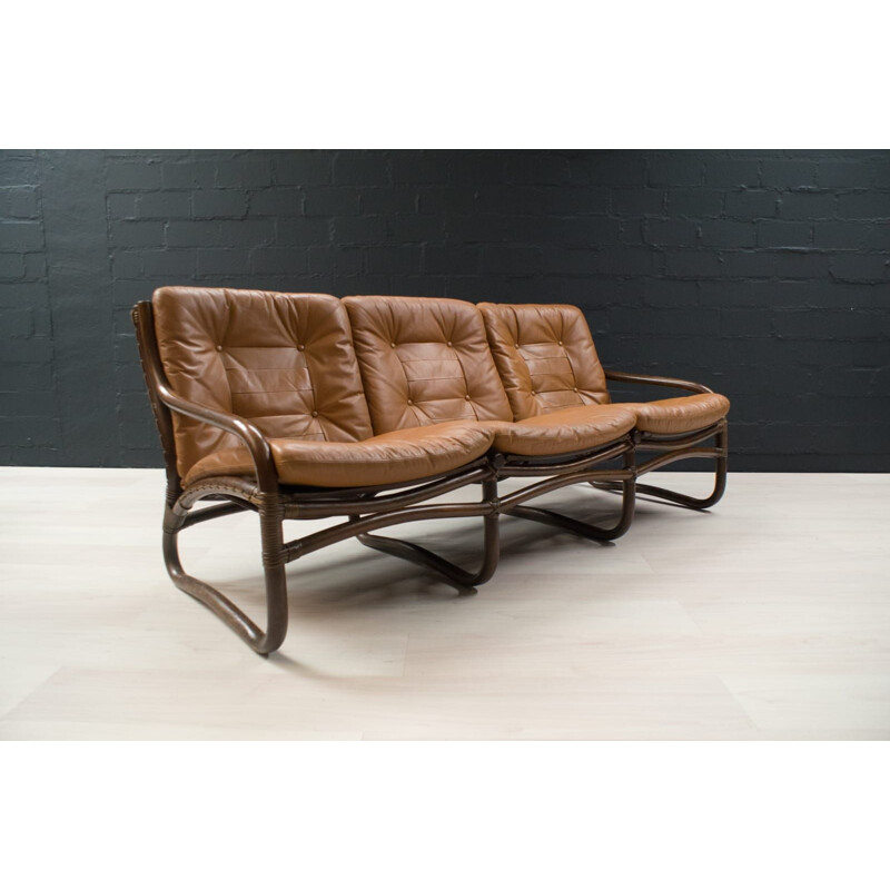 3 seater vintage bamboo, rattan and leather sofa, Italy 1960