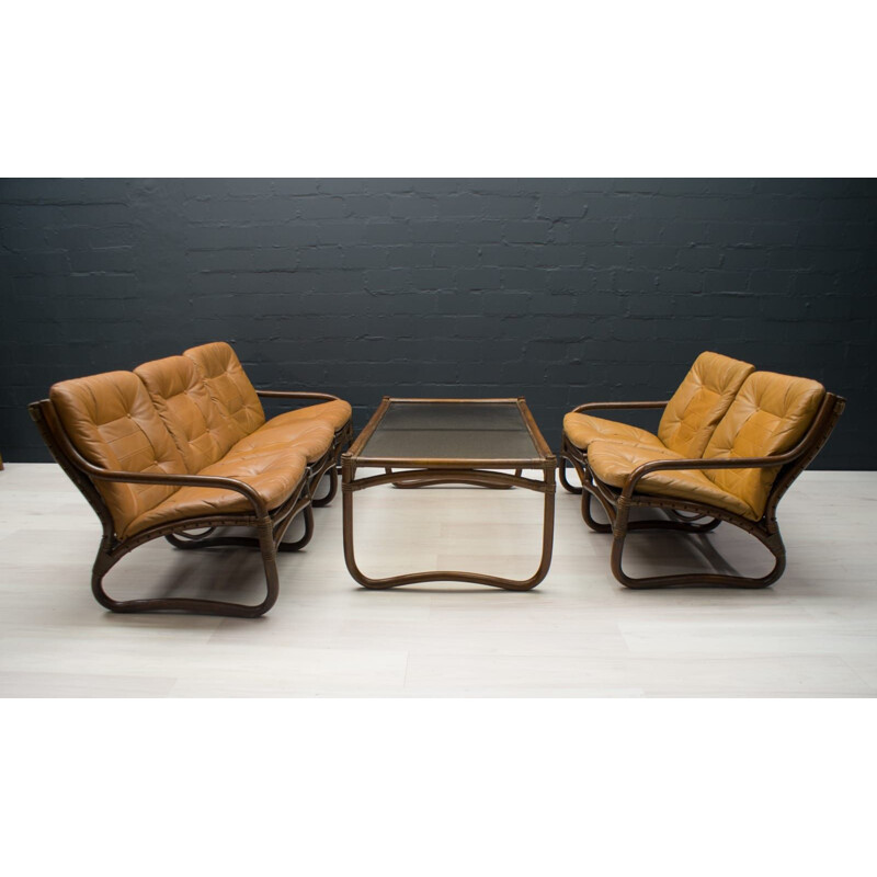 Vintage coffee table in bamboo, rattan and glass, Italy 1960