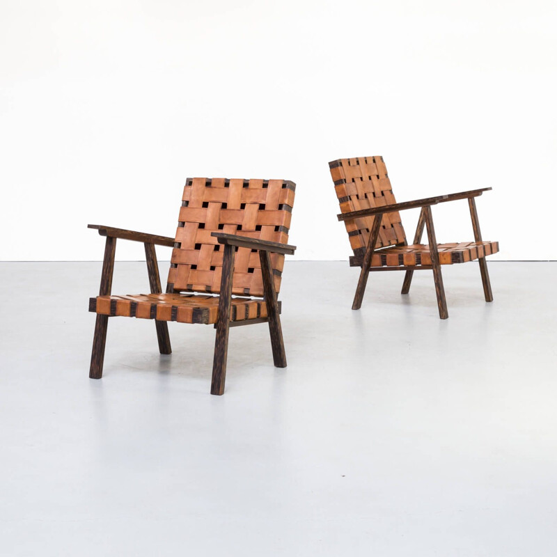 Pair of Vintage Wood and saddle leather fauteuil with ottoman 1960s