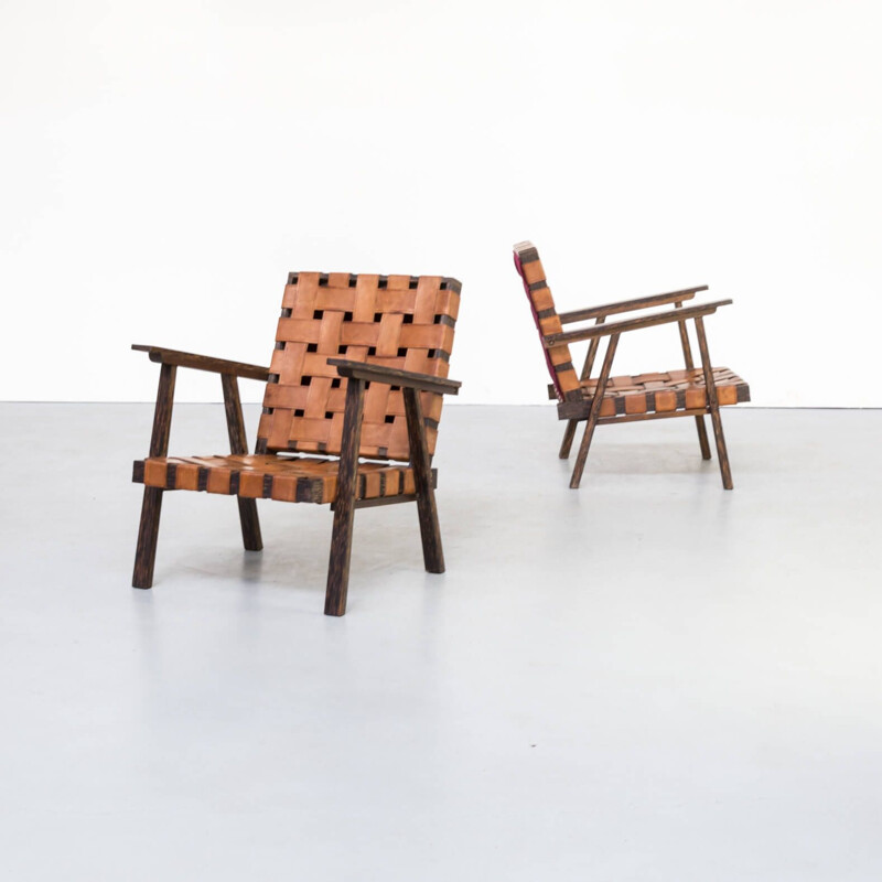 Pair of Vintage Wood and saddle leather fauteuil with ottoman 1960s