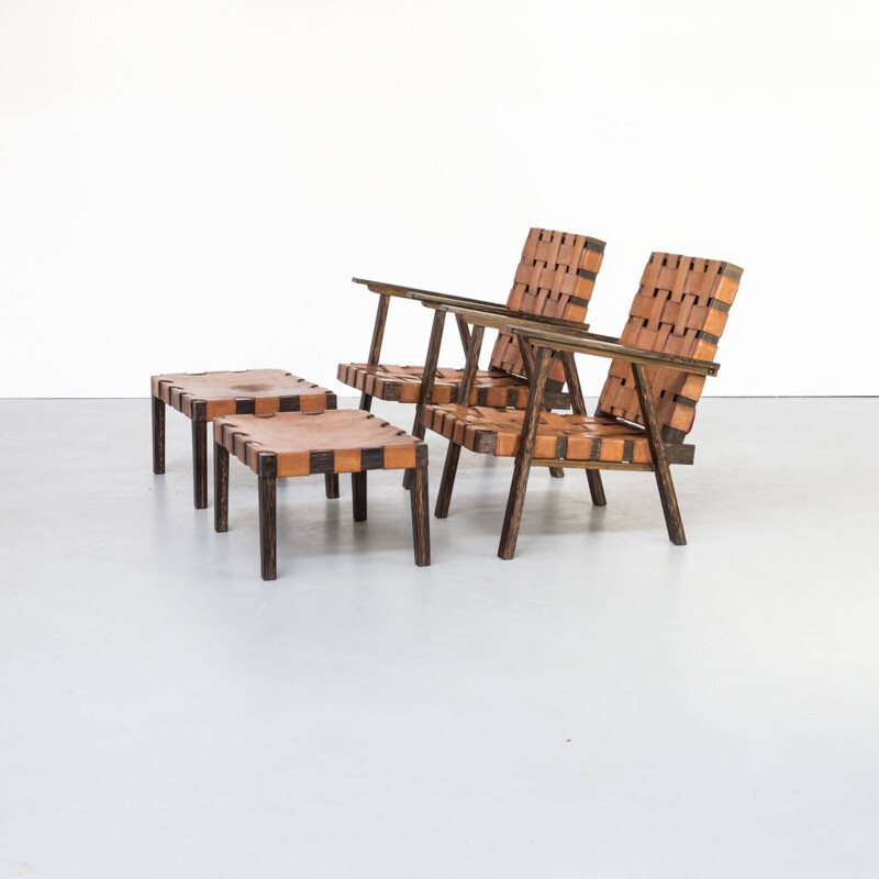 Pair of Vintage Wood and saddle leather fauteuil with ottoman 1960s