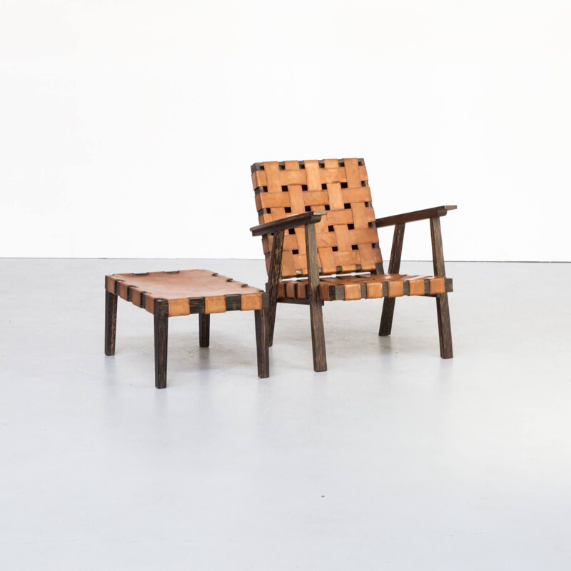 Pair of Vintage Wood and saddle leather fauteuil with ottoman 1960s