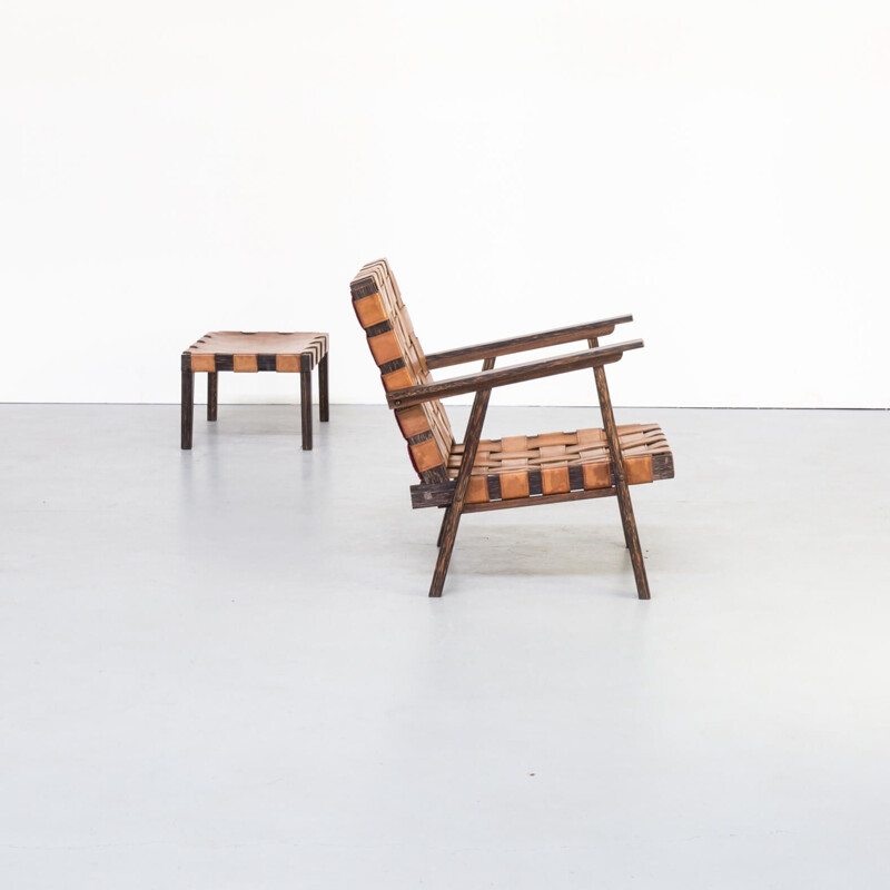 Pair of Vintage Wood and saddle leather fauteuil with ottoman 1960s