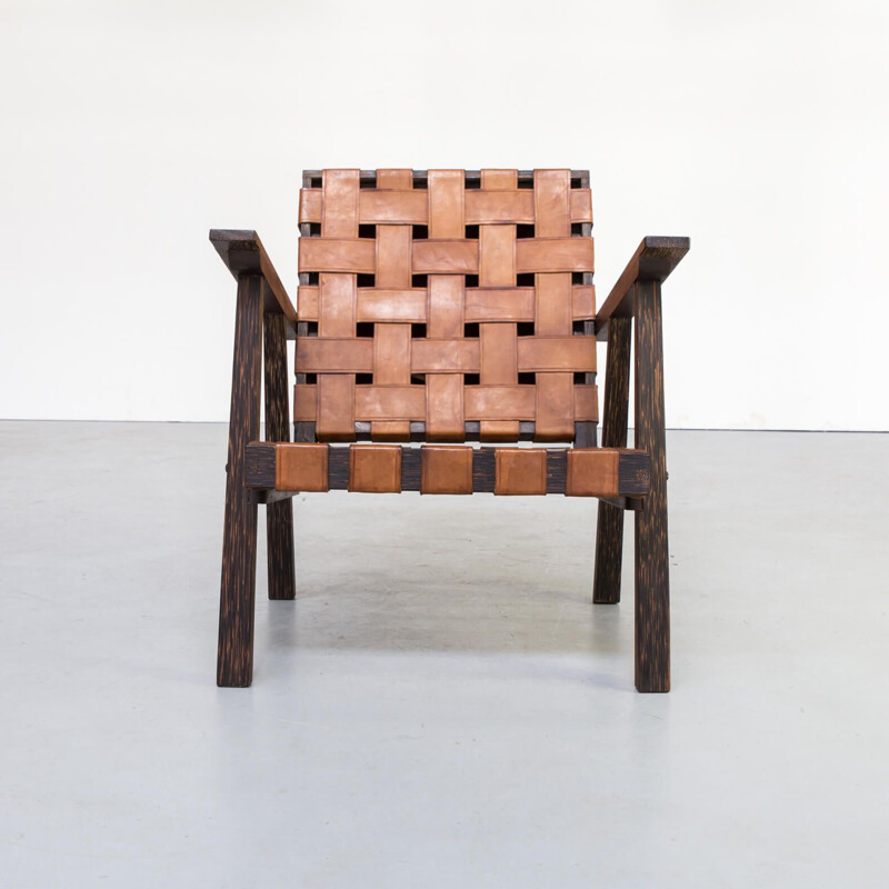 Pair of Vintage Wood and saddle leather fauteuil with ottoman 1960s