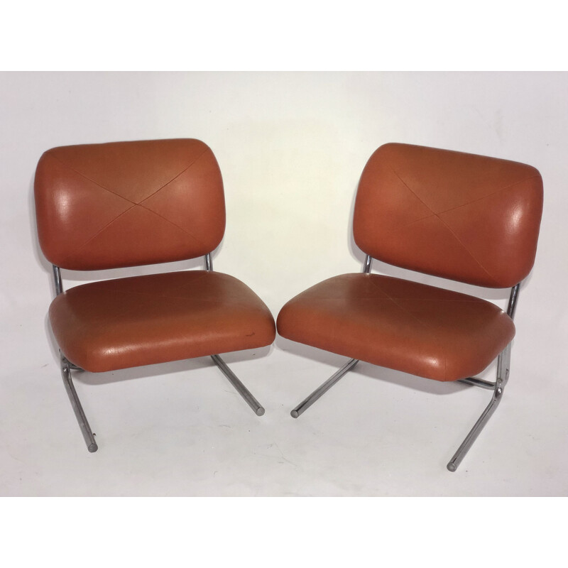 Paire de fauteuils vintage Skaï orange