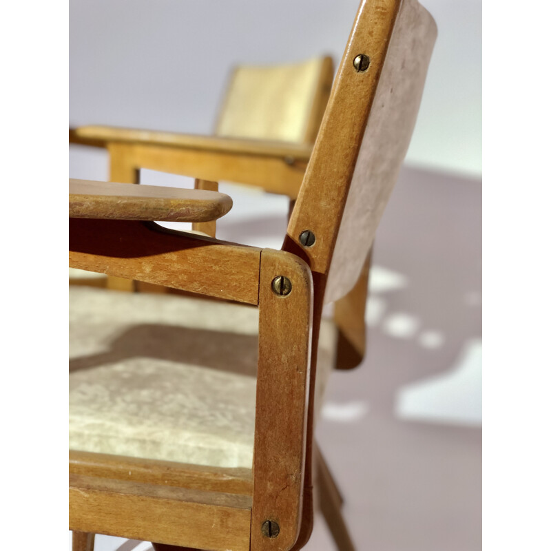Pair of vintage armchairs in leatherette and wood Robert Debiève 
