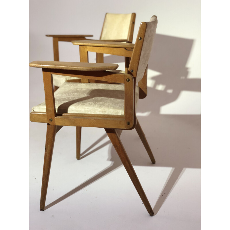 Pair of vintage armchairs in leatherette and wood Robert Debiève 