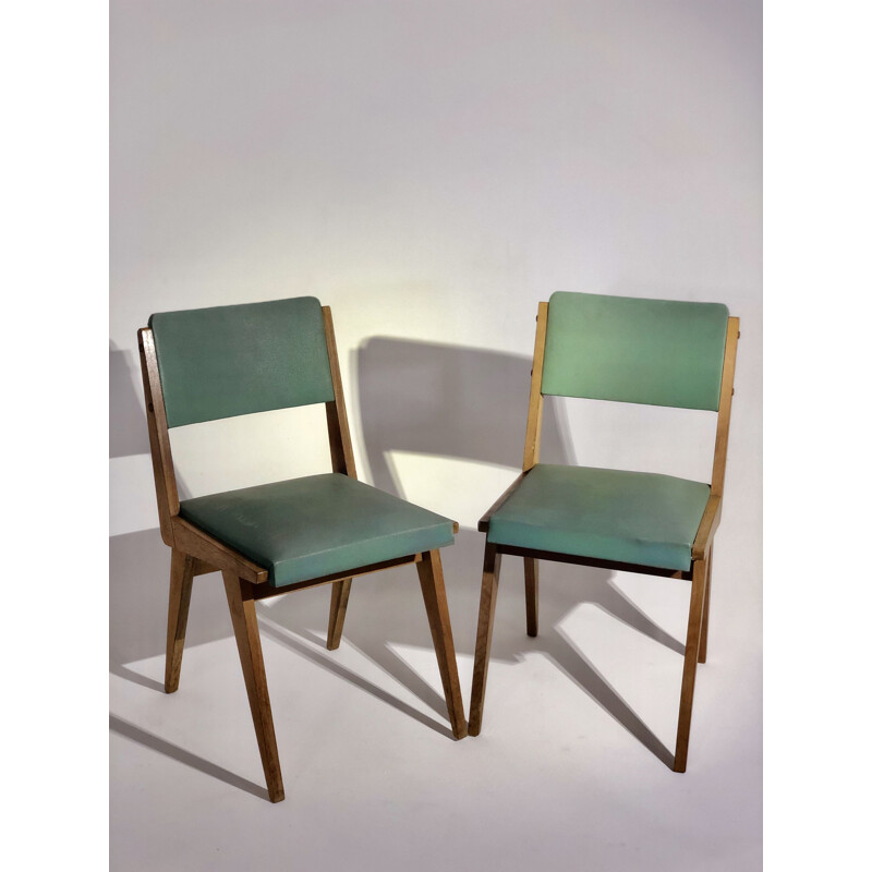 Pair of vintage chairs in leatherette and wood 