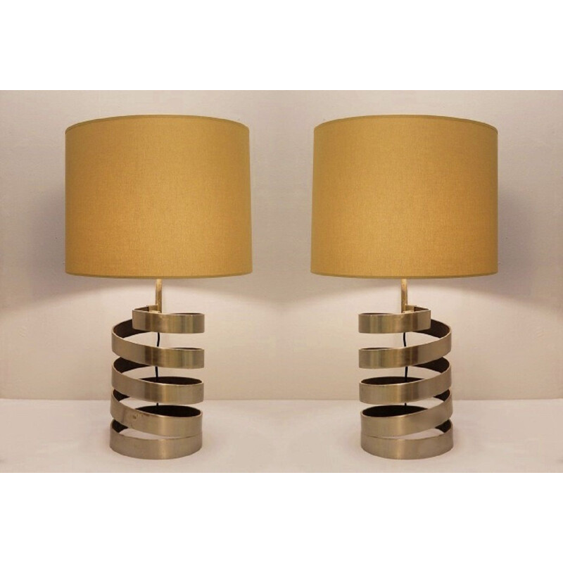 Pair of table lamps with vintage helical base in brushed steel, France 1970