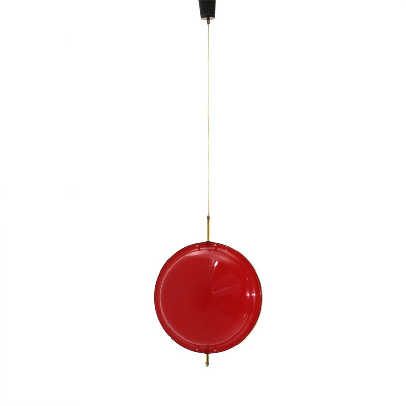 Vintage Pendant lamp in red plastic and brass by Vicentina Plastiche, 1950s