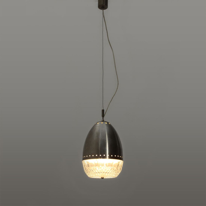 Vintage Pendant lamp in brushed metal and glass, Italian 1960s