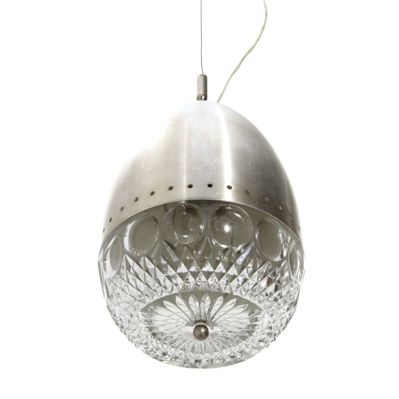 Vintage Pendant lamp in brushed metal and glass, Italian 1960s