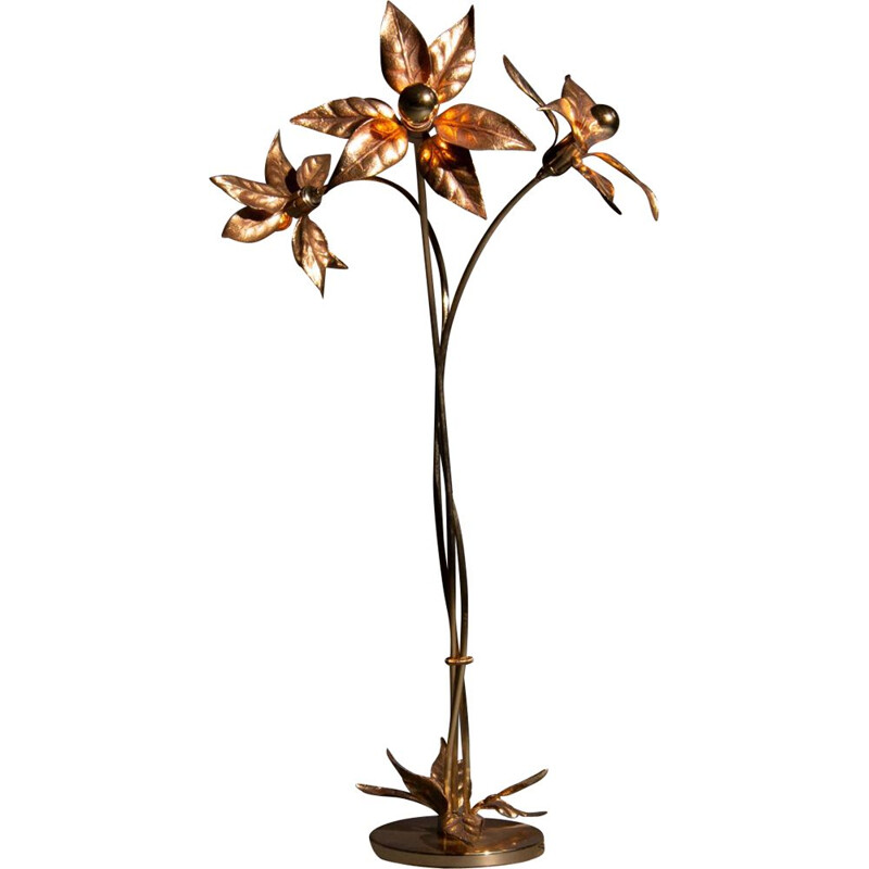 Vintage Willy Daro floor lamp with solid brass flowers Belgium 1970