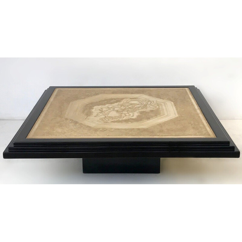 Vintage Black lacquered and engraved Brass Coffee Table, Georges Mathias 1970