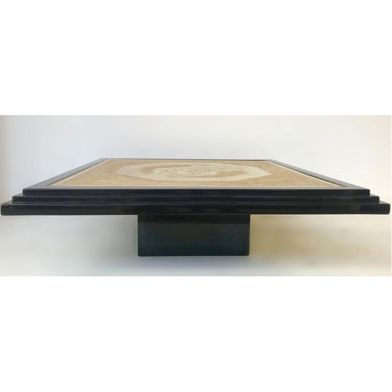 Table Basse vintage en laiton noir Laqué et gravé, Georges Mathias  1970