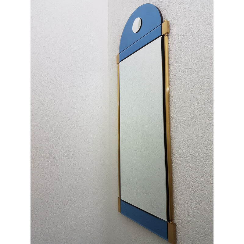 Grand miroir vintage en laiton avec verre miroir bleu et transparent de Schöninger, néoclassique 1970