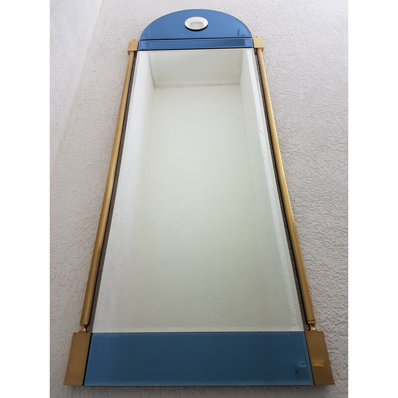 Grand miroir vintage en laiton avec verre miroir bleu et transparent de Schöninger, néoclassique 1970