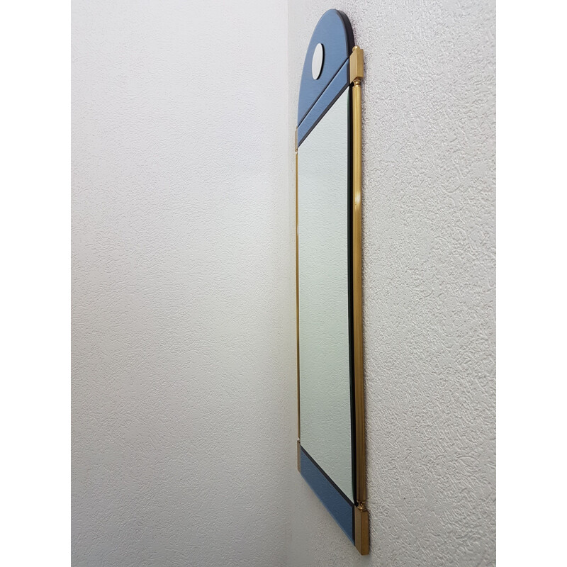 Large vintage brass mirror with blue & clear mirror glass by Schöninger, Neoclassical 1970s