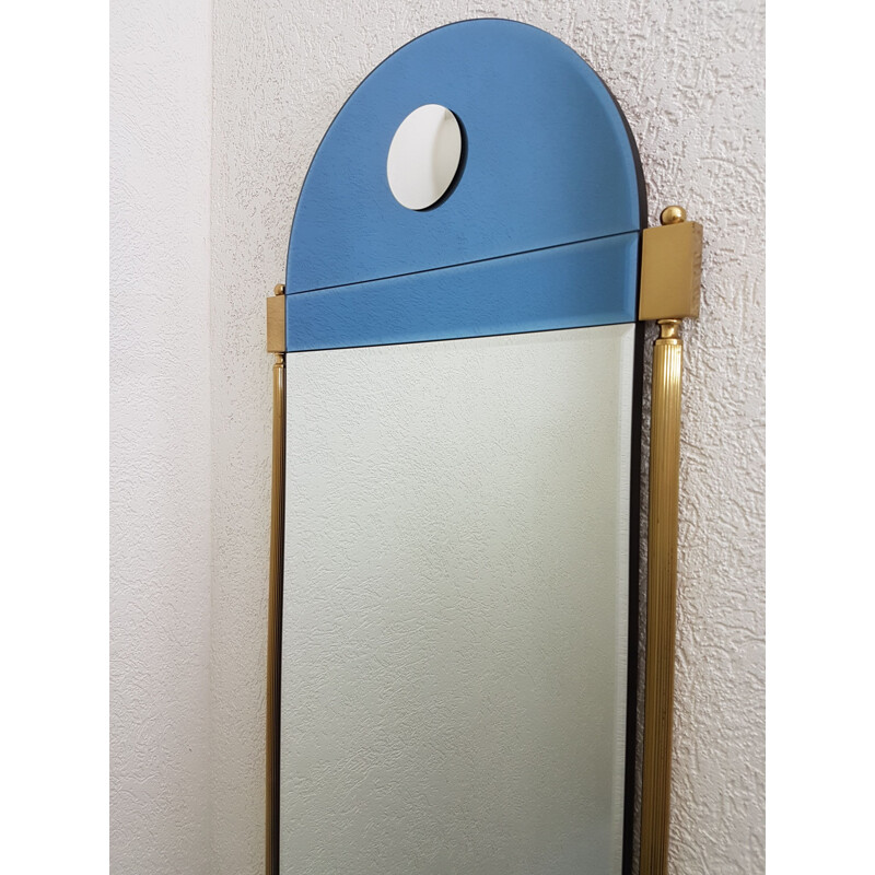 Large vintage brass mirror with blue & clear mirror glass by Schöninger, Neoclassical 1970s