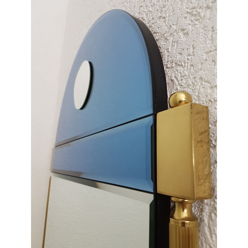 Large vintage brass mirror with blue & clear mirror glass by Schöninger, Neoclassical 1970s