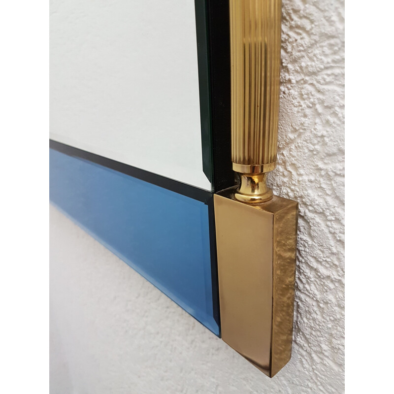 Large vintage brass mirror with blue & clear mirror glass by Schöninger, Neoclassical 1970s