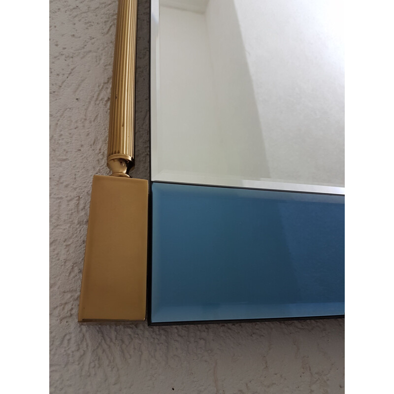 Large vintage brass mirror with blue & clear mirror glass by Schöninger, Neoclassical 1970s