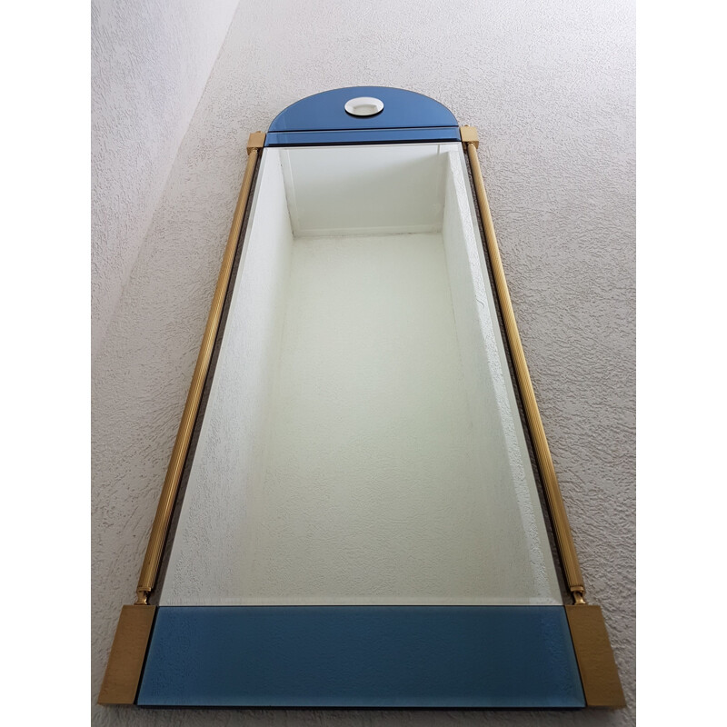 Large vintage brass mirror with blue & clear mirror glass by Schöninger, Neoclassical 1970s