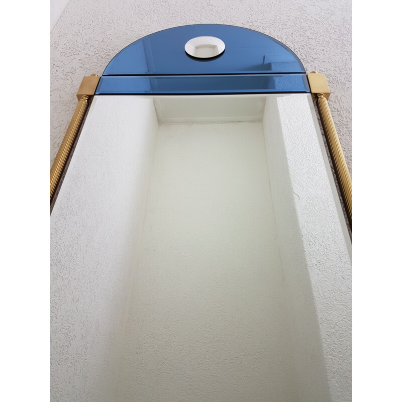 Grand miroir vintage en laiton avec verre miroir bleu et transparent de Schöninger, néoclassique 1970