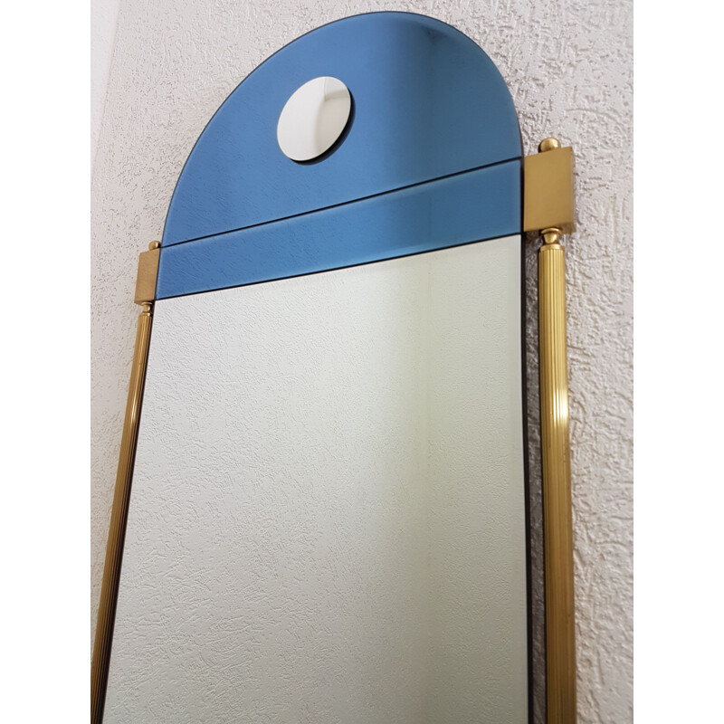 Large vintage brass mirror with blue & clear mirror glass by Schöninger, Neoclassical 1970s