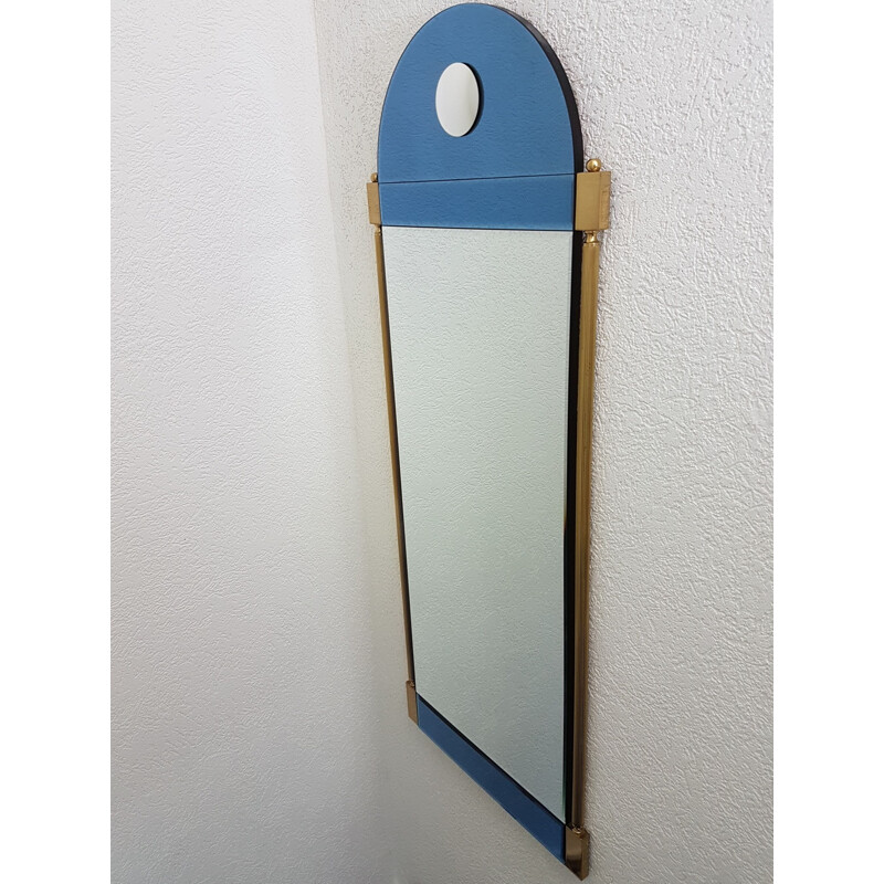 Large vintage brass mirror with blue & clear mirror glass by Schöninger, Neoclassical 1970s