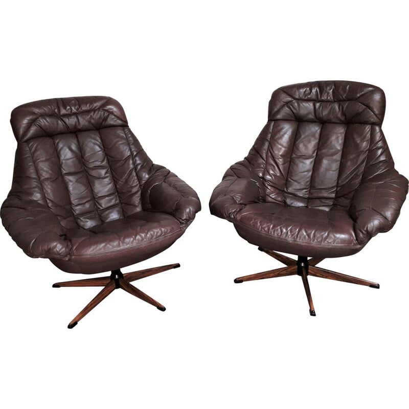 Pair of vintage brown leather armchairs patina by Henry Walter Klein 1970
