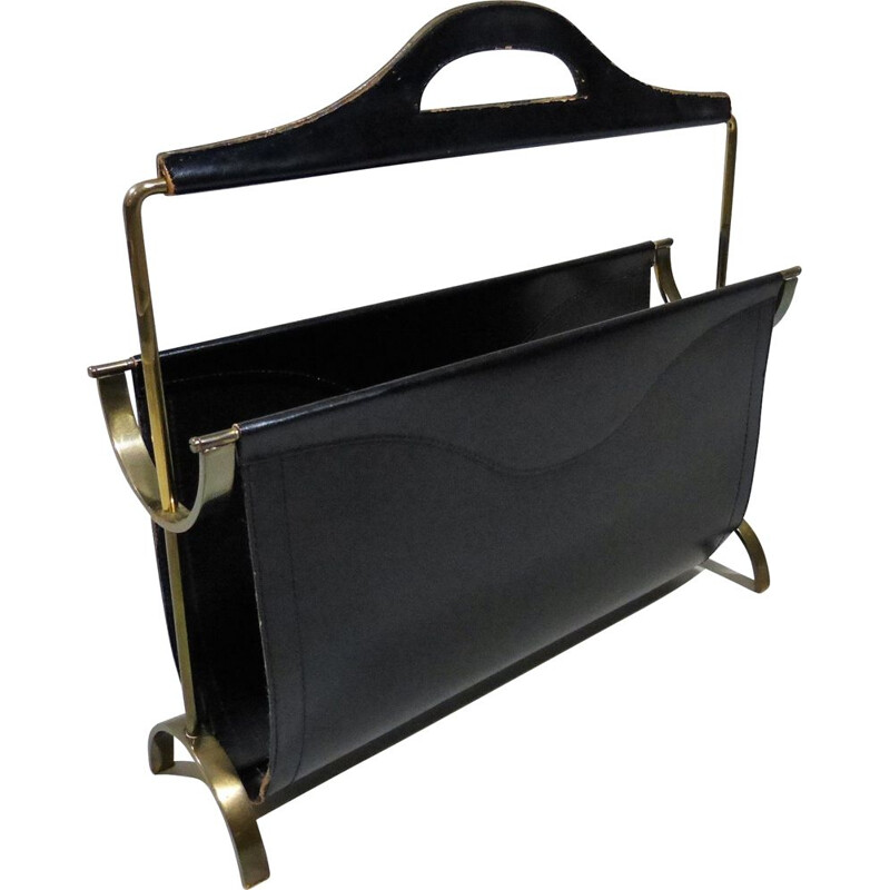 Vintage magazine rack in black  leather and brass 1950s