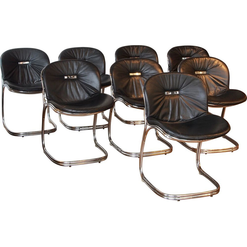 Set of 8 Vintage Chairs " Sabrina " black leather, Gastone Rinaldi